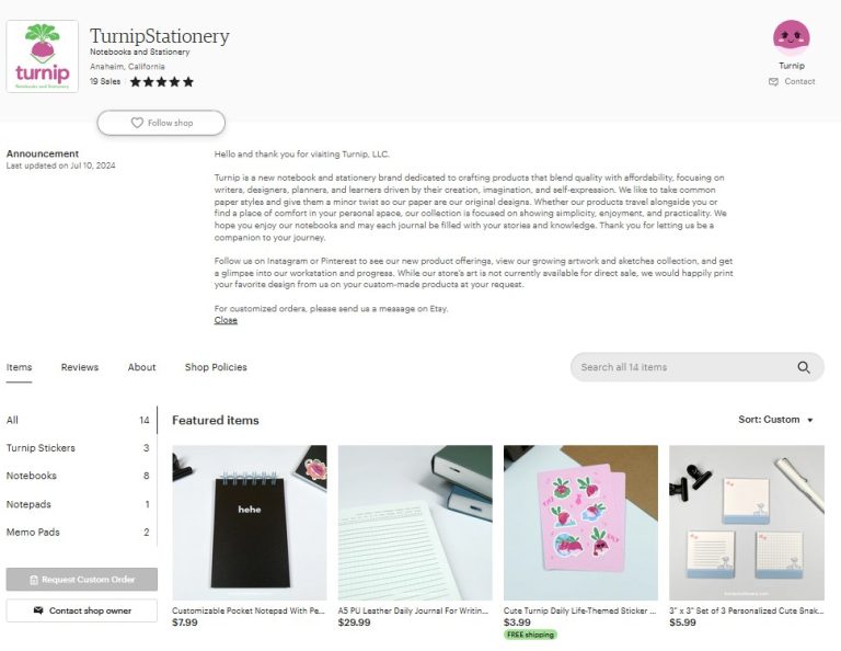 The image is a storefront view of TurnipStationery on Etsy.